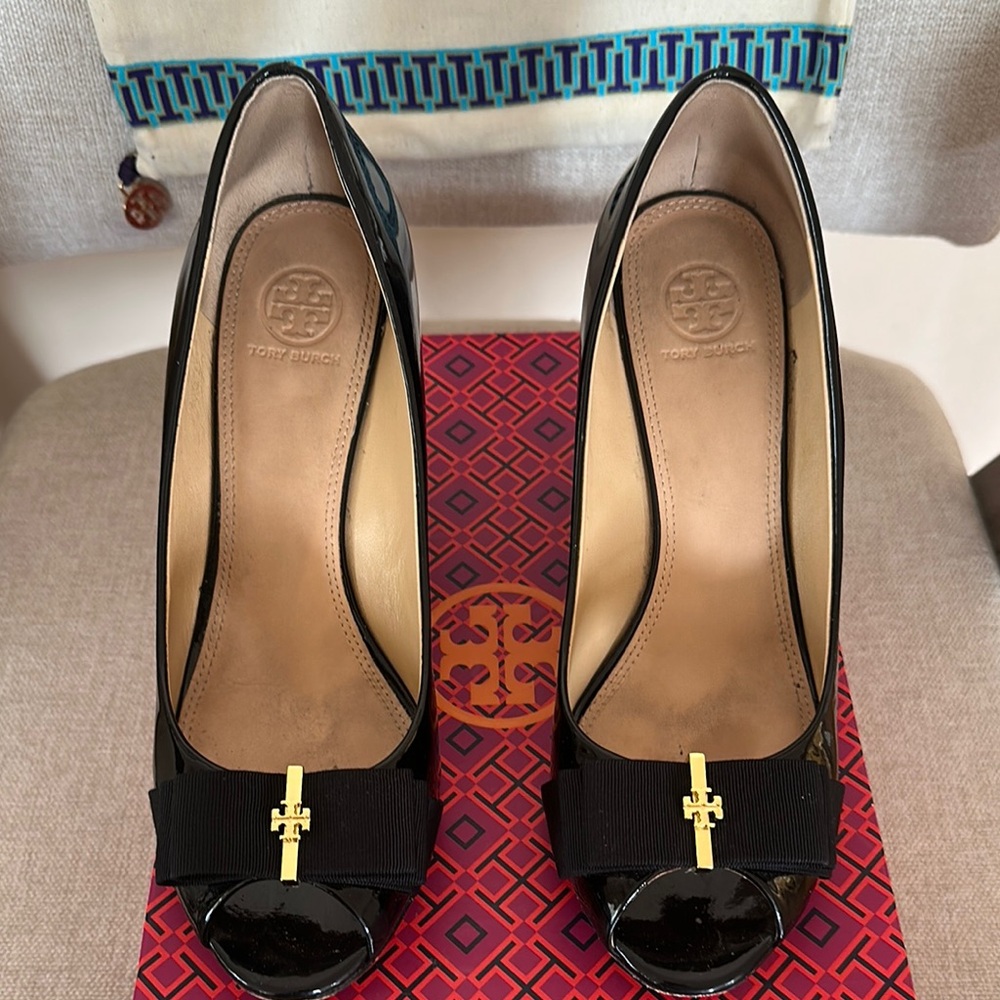 Tory Burch Black Peep-Toe Wedges with Gold Charm